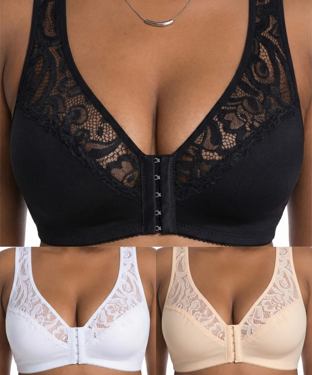 💖Kupi 2, dobiješ 1 gratis😍【L-4XL】Grudnjak za veće veličine s push-up učinkom, kopčanje sprijeda, profinjena čipka, izvrsna potpora